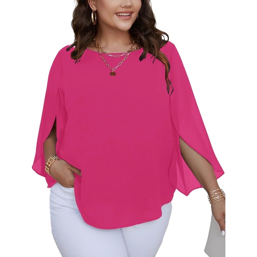 NWT TRENDY SCOMCHIC Plus Size Hot Pink Chiffon 3/4 Split Sleeve Tunic Blouse 4X